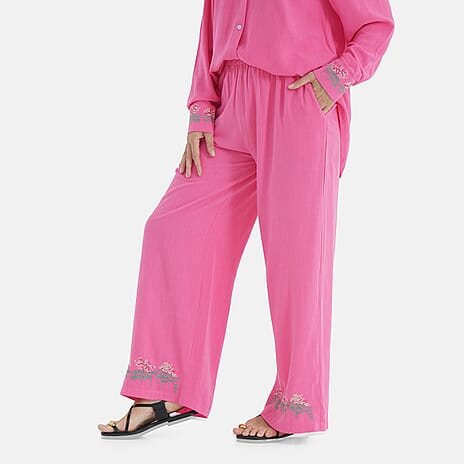 -Maisi Linen Blend Wide Leg Trousers with Floral Embroidery (Size L) - Pink