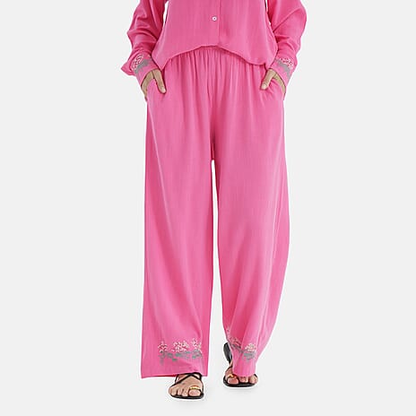 -Maisi Linen Blend Wide Leg Trousers with Floral Embroidery (Size L) - Pink