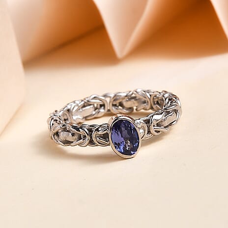 First Time Ever - Artisan Crafted Premium Tanzanite Solitaire Handmade Byzantine Ring in Rhodium Overlay Sterling Silver