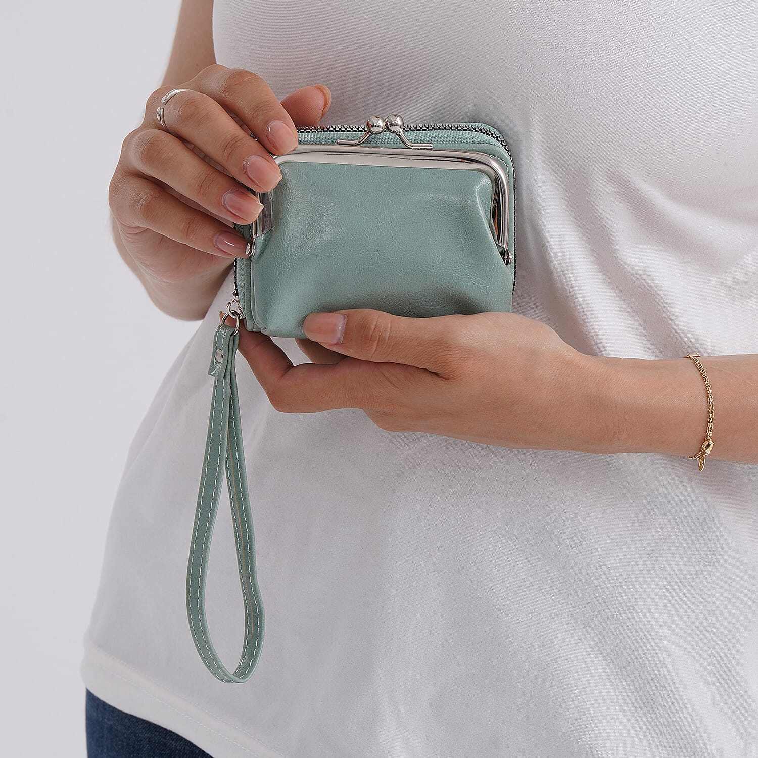 2-in-1 Wristlet Green RFID Classic Kiss-Lock Wallet