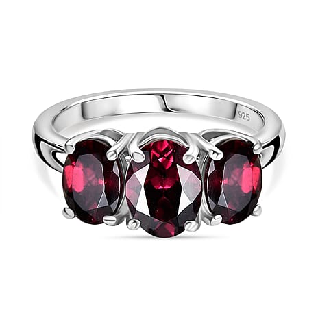 Orissa Natural Rhodolite Garnet Trilogy Ring in Rhodium Overlay Sterling Silver 3.50 Ct.