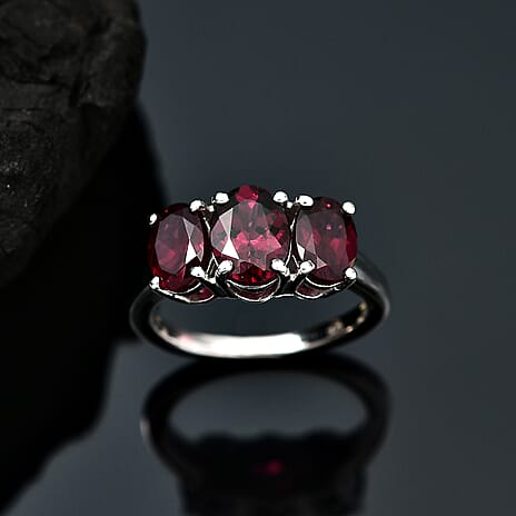 Orissa Natural Rhodolite Garnet Trilogy Ring in Rhodium Overlay Sterling Silver 3.50 Ct.