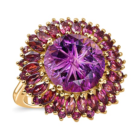 AAA African Amethyst ,  Rhodolite Garnet  Main Stone With Side Stone Ring in 18K YG Vermeil Sterling Silver 10.20 ct,  Silver Wt. 6 Gms