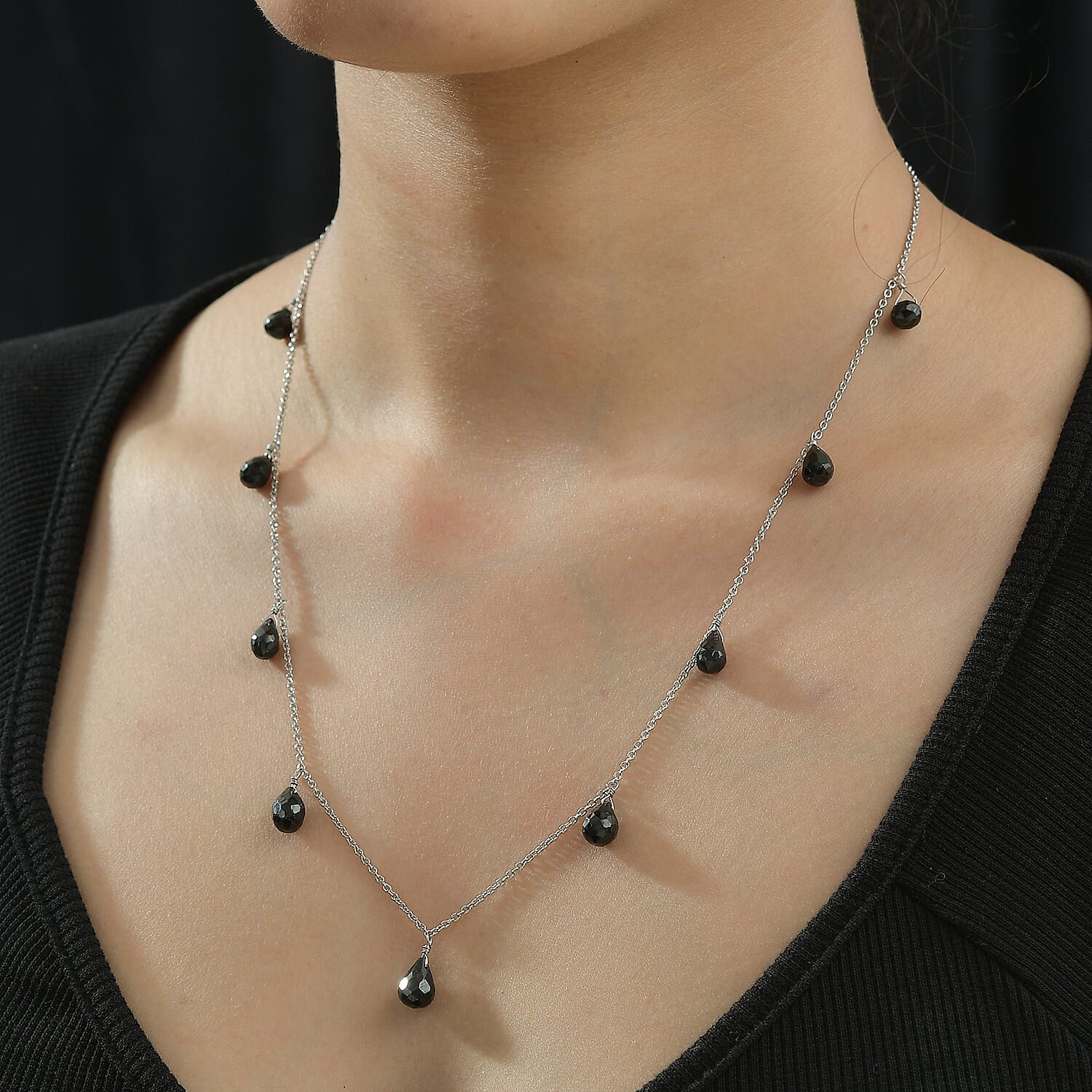 Black Spinel Necklace (Size - 20) in Rhodium Overlay Sterling Silver 15.00 Ct.