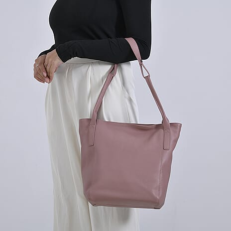 Genuine Leather Classic Shoulder Tote Bag - Pink