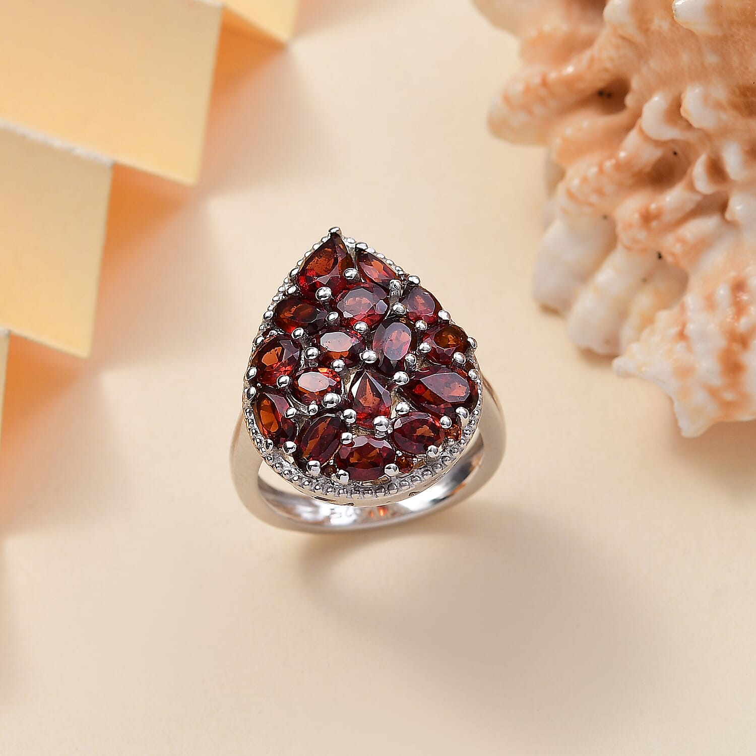 Red Garnet Cluster Ring in Rhodium Overlay Sterling Silver 4.90 Ct.