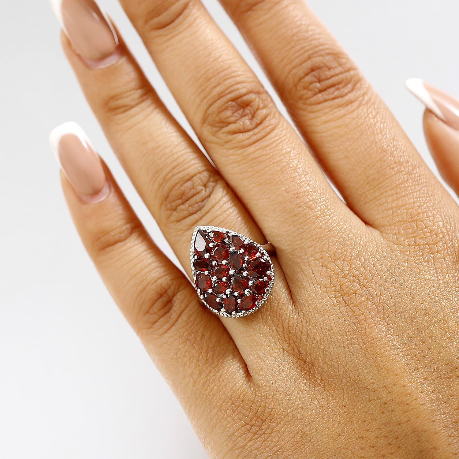 Red Garnet Cluster Ring in Rhodium Overlay Sterling Silver 4.90 Ct.