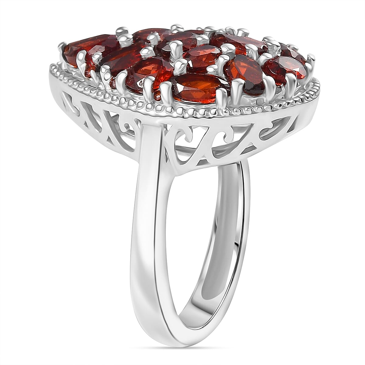 Red Garnet Cluster Ring in Rhodium Overlay Sterling Silver 4.90 Ct.