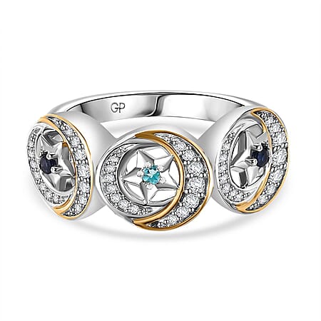 GP Celestial Dream Collection - Blue Apatite & White Zircon Ring in Rhodium Overlay & 18K Vermeil Yellow Gold Plated Sterling Silver 1.40 Ct.
