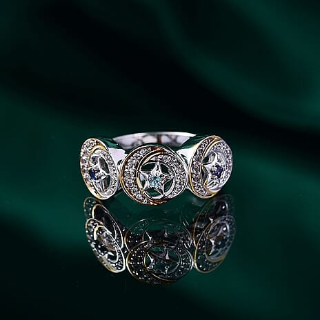 GP Celestial Dream Collection - Blue Apatite & White Zircon Ring in Rhodium Overlay & 18K Vermeil Yellow Gold Plated Sterling Silver 1.40 Ct.