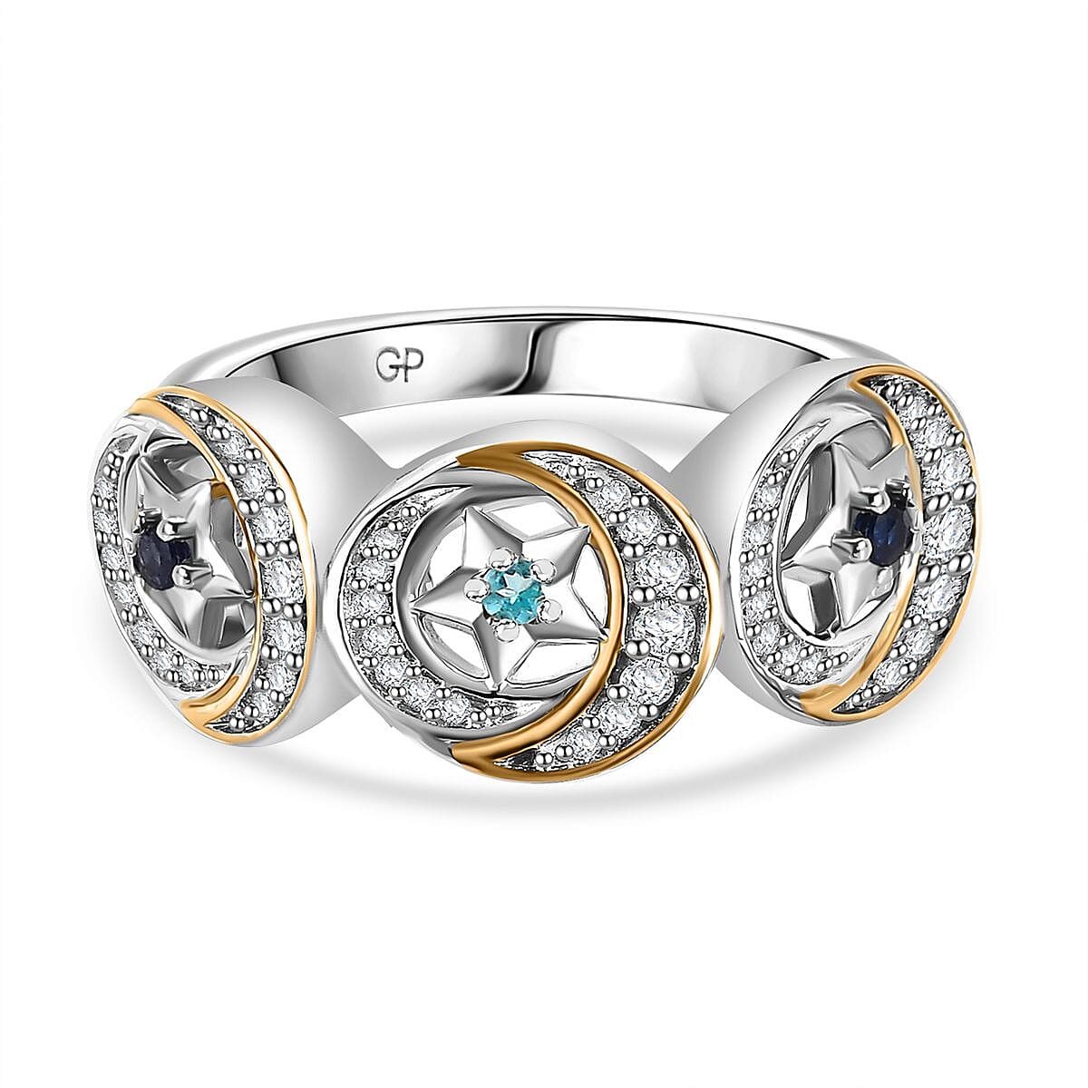 GP Celestial Dream Collection - Blue Apatite & White Zircon Ring in Rhodium Overlay & 18K Vermeil Yellow Gold Plated Sterling Silver 1.40 Ct.