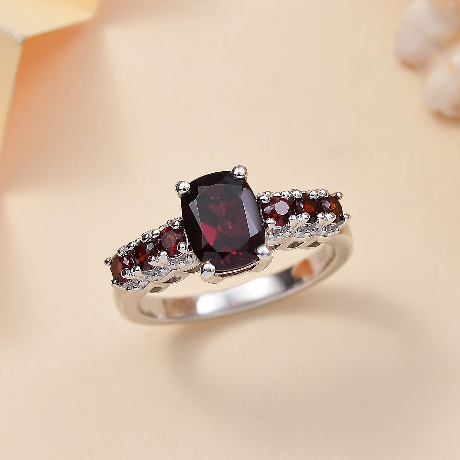 Red Garnet Ring in Rhodium Overlay Sterling Silver 2.40 Ct.