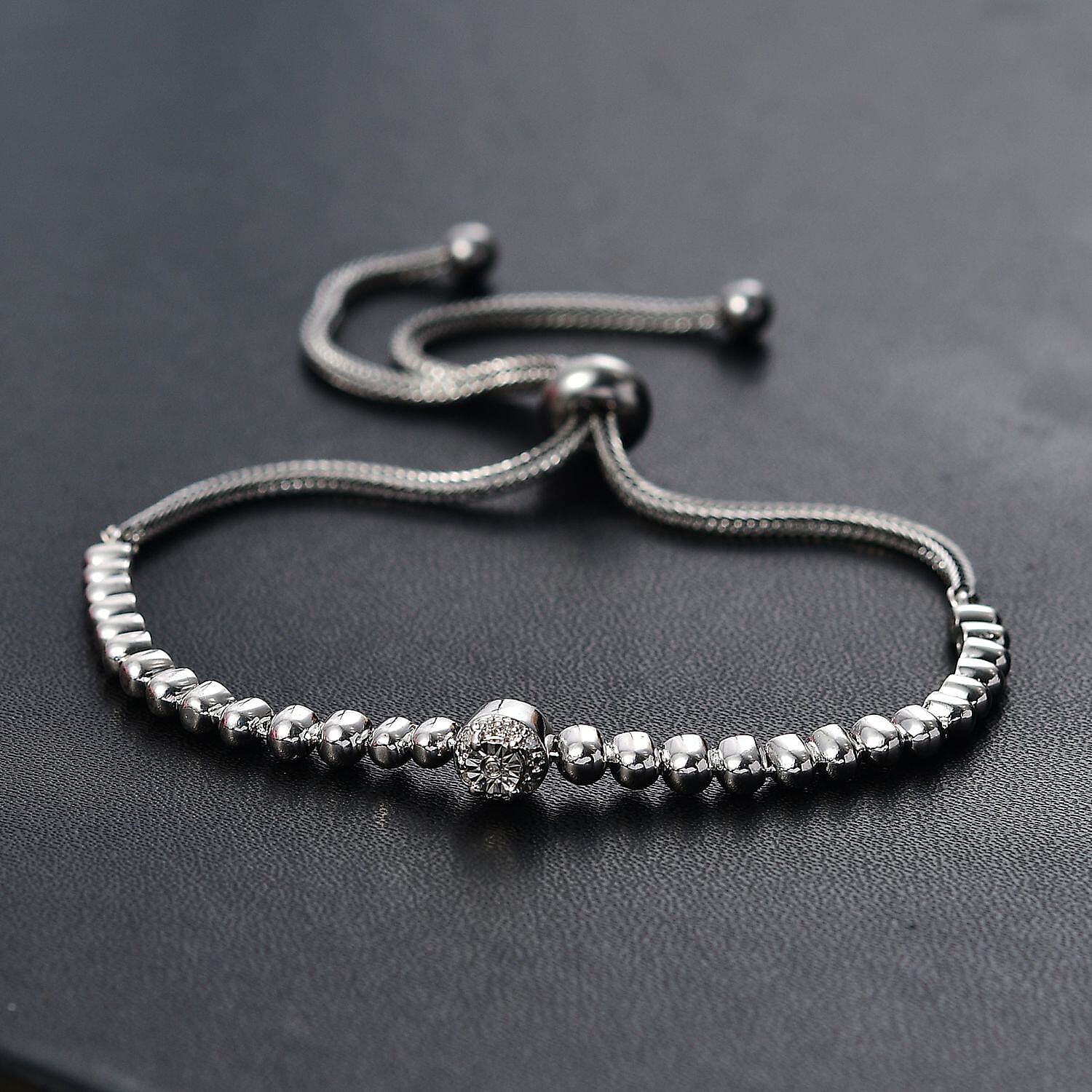 White Diamond Adjustable Chain Bracelet (Size - 10.5) in Silver Tone
