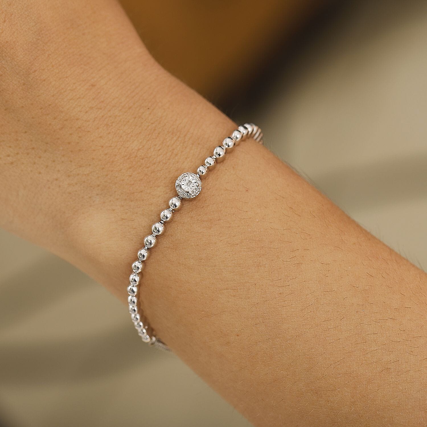 White Diamond Adjustable Chain Bracelet (Size - 10.5) in Silver Tone