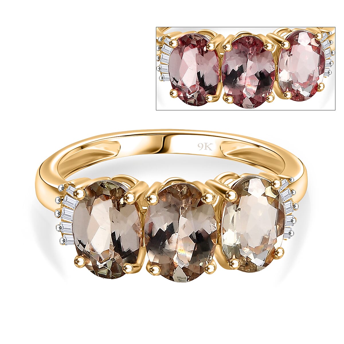 9K Yellow Gold AAA Turkizite & White Diamond Trilogy Ring 3.00 Ct.