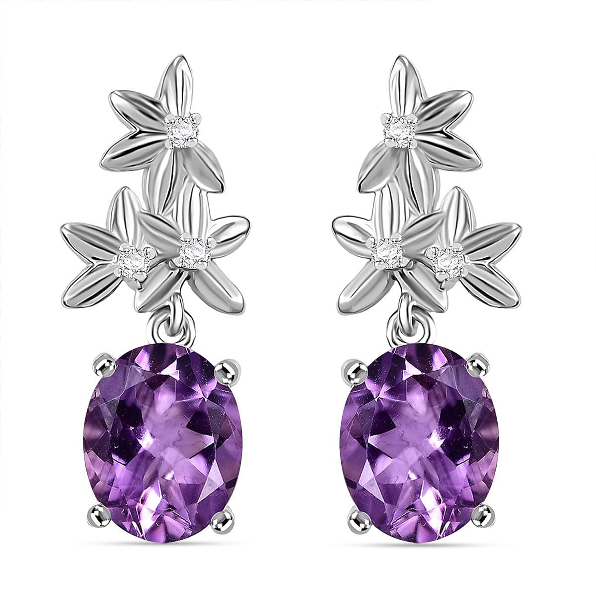 AAA Rose De France Amethyst & White Zircon Dangling Earring with Push Back in Rhodium Overlay Sterling Silver 4.98 Ct.