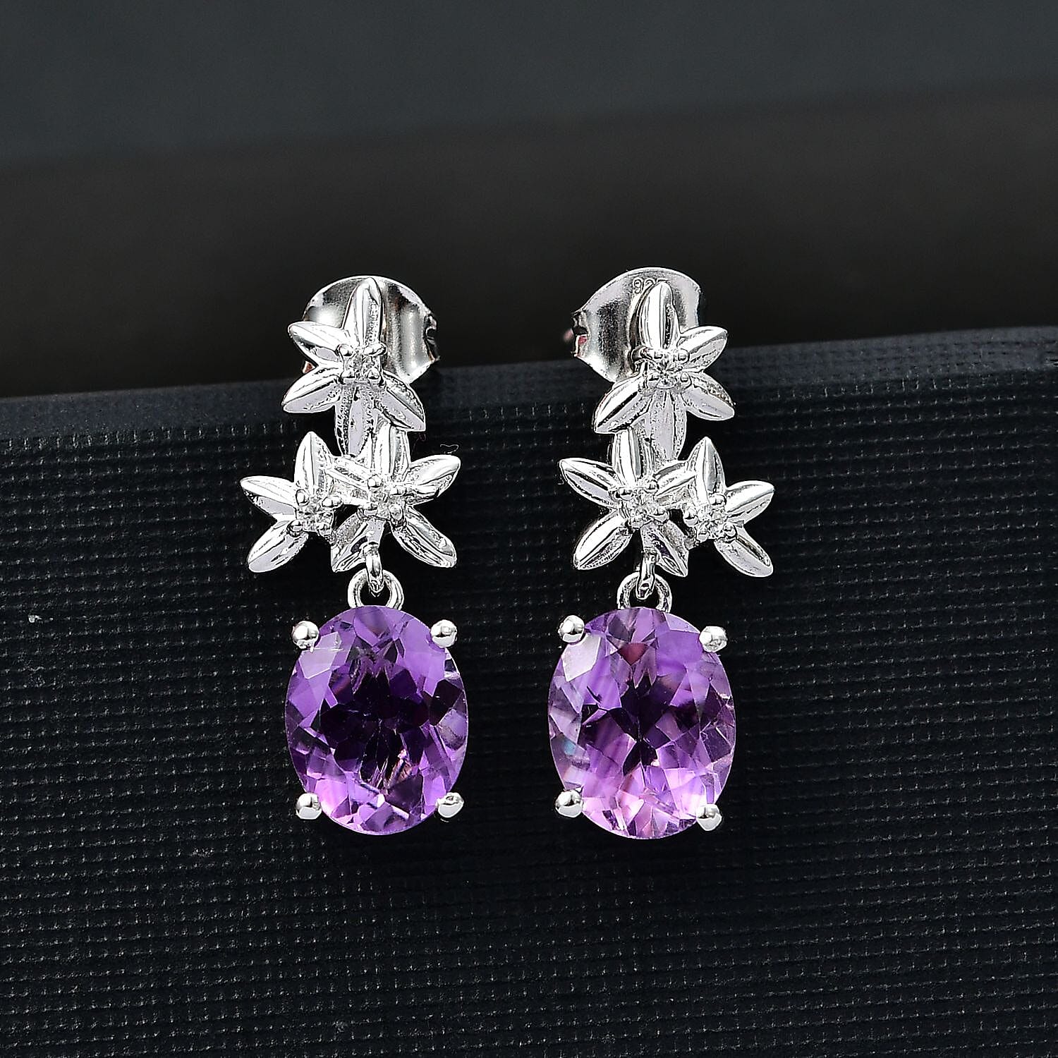 AAA Rose De France Amethyst & White Zircon Dangling Earring with Push Back in Rhodium Overlay Sterling Silver 4.98 Ct.