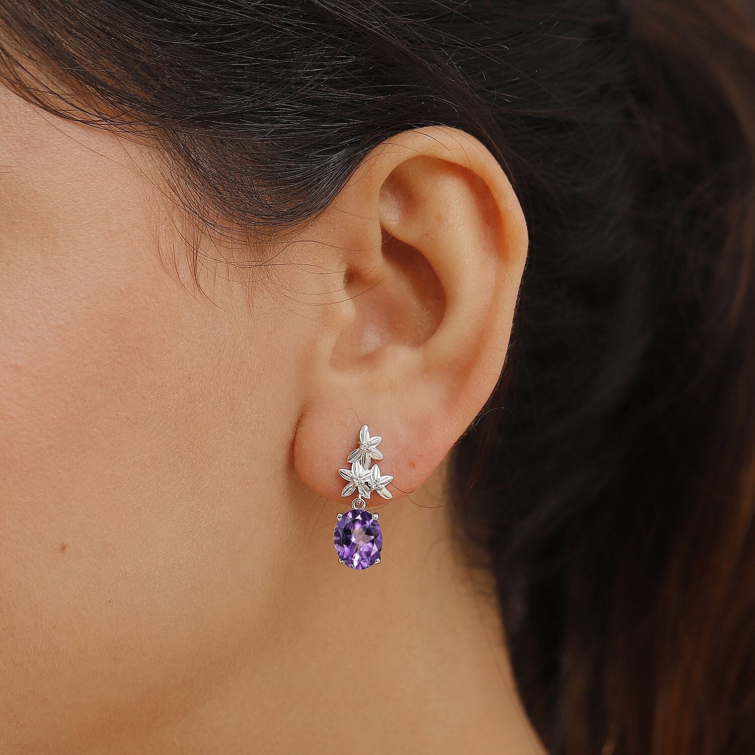 AAA Rose De France Amethyst & White Zircon Dangling Earring with Push Back in Rhodium Overlay Sterling Silver 4.98 Ct.