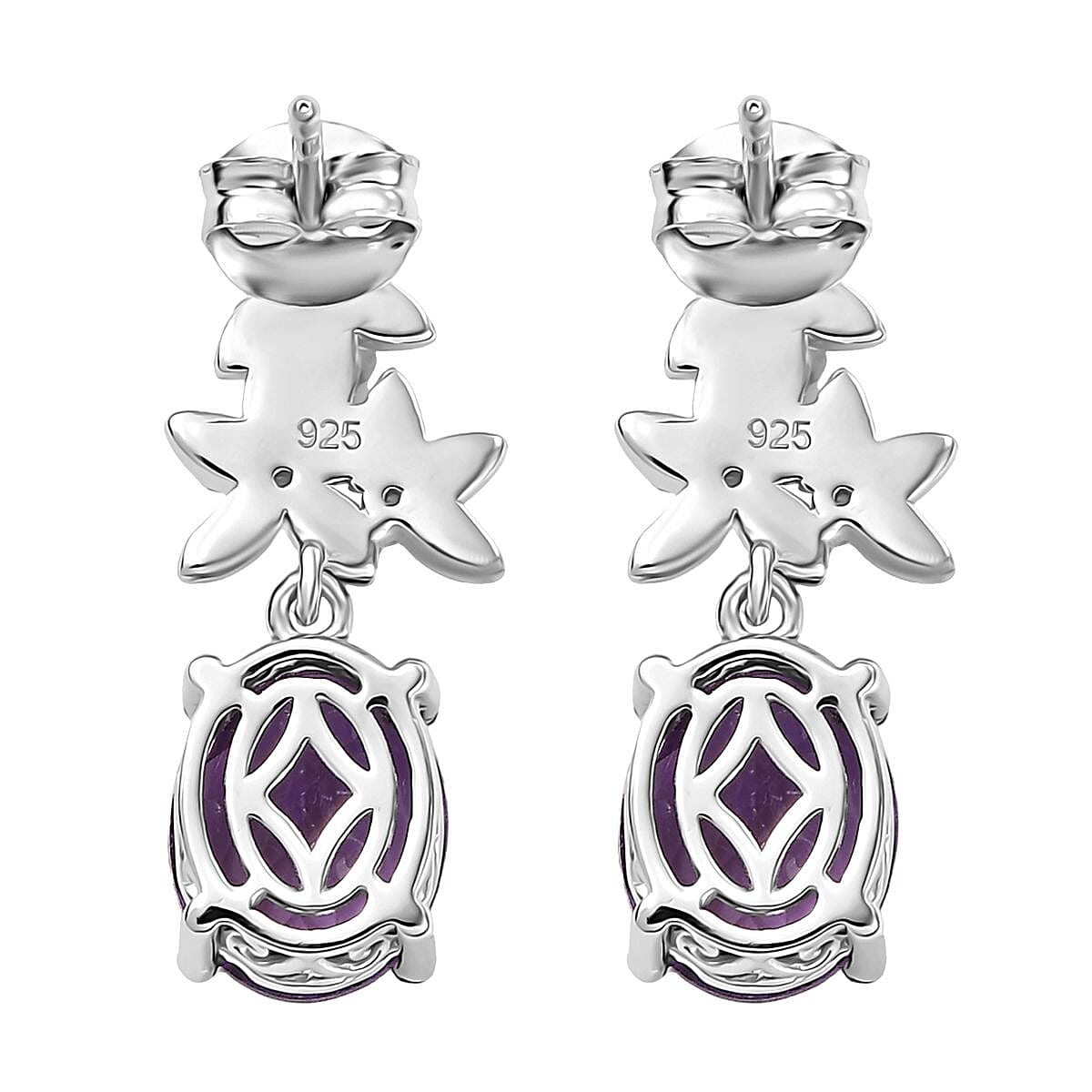 AAA Rose De France Amethyst & White Zircon Dangling Earring with Push Back in Rhodium Overlay Sterling Silver 4.98 Ct.