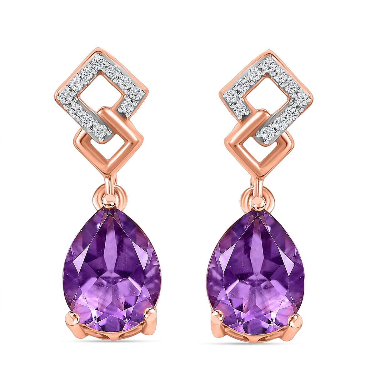 AAA Rose De France Amethyst & White Zircon Dangling Earrings with Push Back in 18K Vermeil Rose Gold Plated Sterling Silver 3.41 Ct.