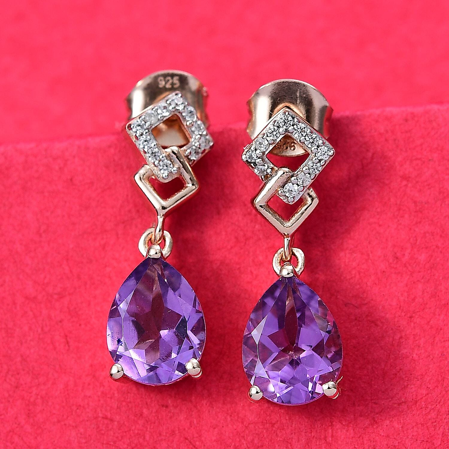 AAA Rose De France Amethyst & White Zircon Dangling Earrings with Push Back in 18K Vermeil Rose Gold Plated Sterling Silver 3.41 Ct.
