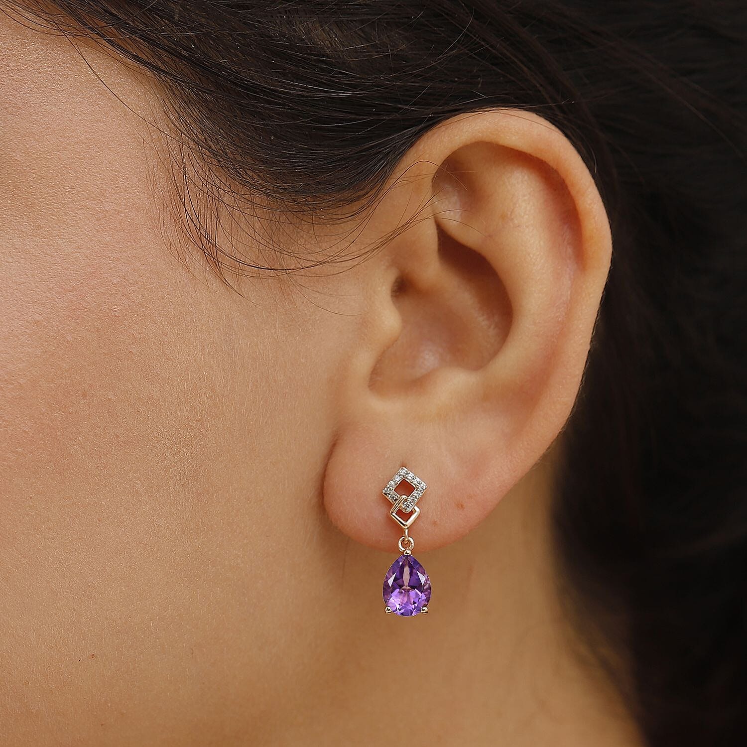 AAA Rose De France Amethyst & White Zircon Dangling Earrings with Push Back in 18K Vermeil Rose Gold Plated Sterling Silver 3.41 Ct.