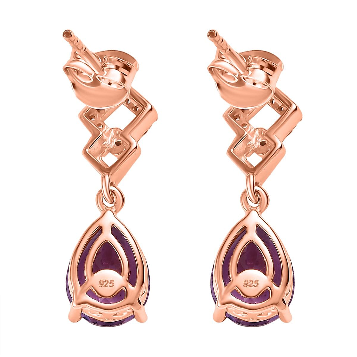 AAA Rose De France Amethyst & White Zircon Dangling Earrings with Push Back in 18K Vermeil Rose Gold Plated Sterling Silver 3.41 Ct.
