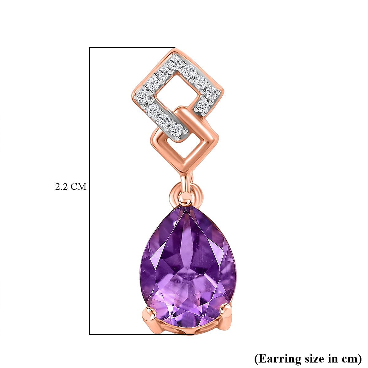 AAA Rose De France Amethyst & White Zircon Dangling Earrings with Push Back in 18K Vermeil Rose Gold Plated Sterling Silver 3.41 Ct.