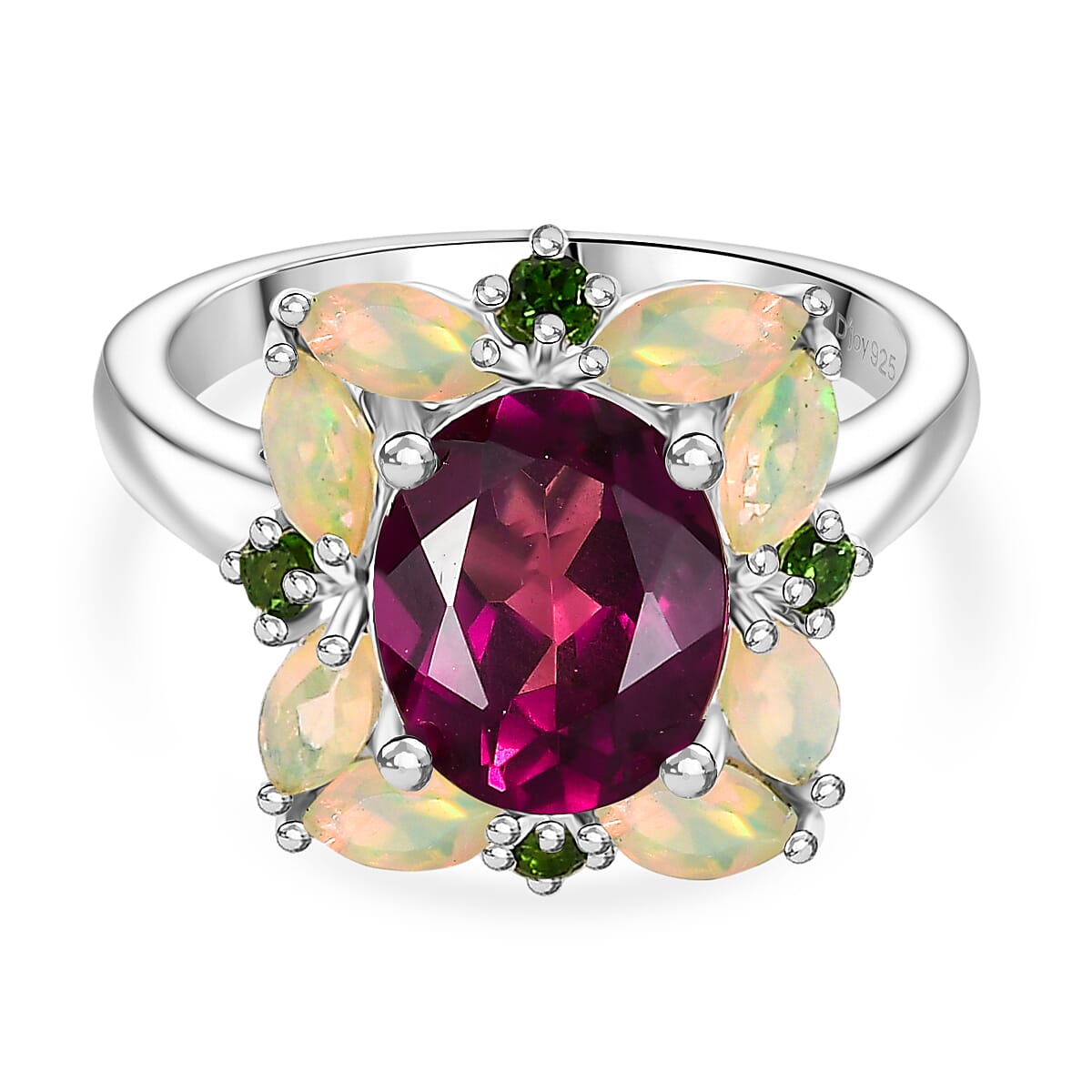 Rhodolite Garnet ,  Natural Chrome Diopside ,  Ethiopian Opal  Main Stone With Side Stone Ring in Rhodium Overlay Sterling Silver 4.38 ct  4.042  Ct.