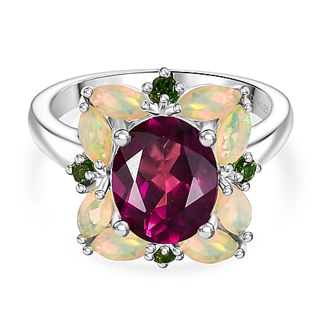 Rhodolite Garnet ,  Natural Chrome Diopside ,  Ethiopian Opal  Main Stone With Side Stone Ring in Rhodium Overlay Sterling Silver 4.38 ct  4.042  Ct.