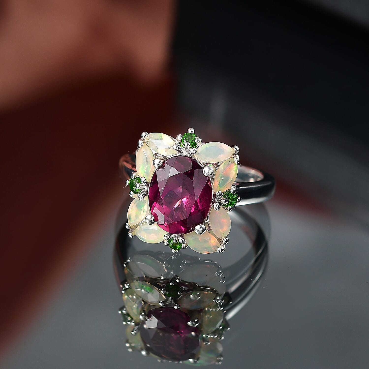 Rhodolite Garnet ,  Natural Chrome Diopside ,  Ethiopian Opal  Main Stone With Side Stone Ring in Rhodium Overlay Sterling Silver 4.38 ct  4.042  Ct.