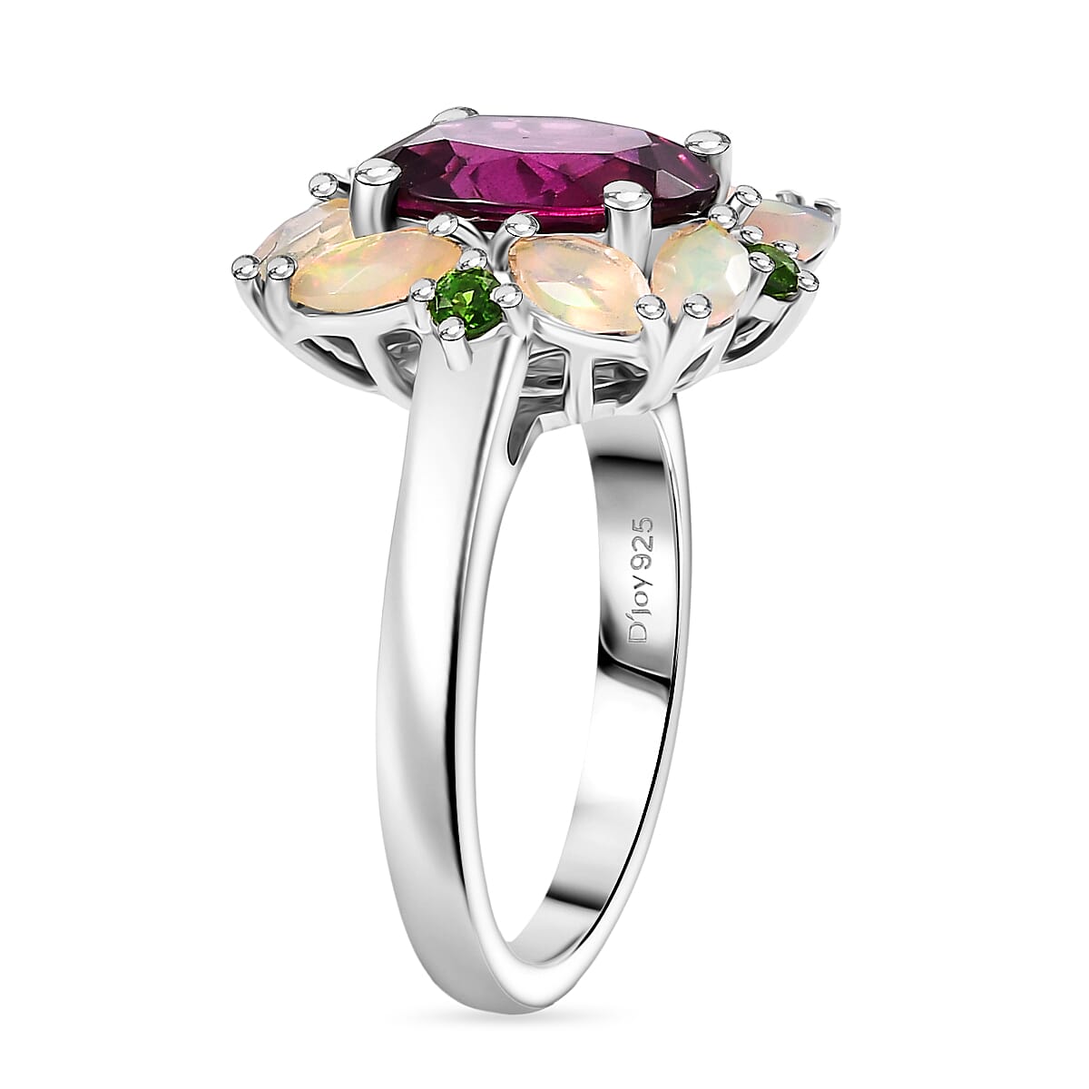 Rhodolite Garnet ,  Natural Chrome Diopside ,  Ethiopian Opal  Main Stone With Side Stone Ring in Rhodium Overlay Sterling Silver 4.38 ct  4.042  Ct.