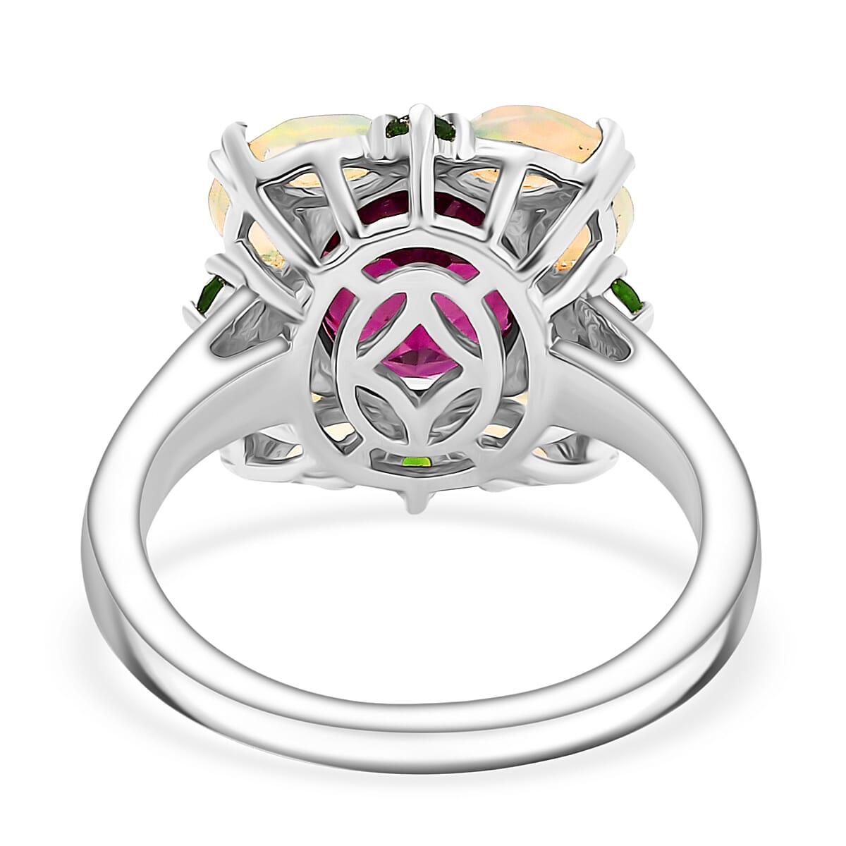 Rhodolite Garnet ,  Natural Chrome Diopside ,  Ethiopian Opal  Main Stone With Side Stone Ring in Rhodium Overlay Sterling Silver 4.38 ct  4.042  Ct.
