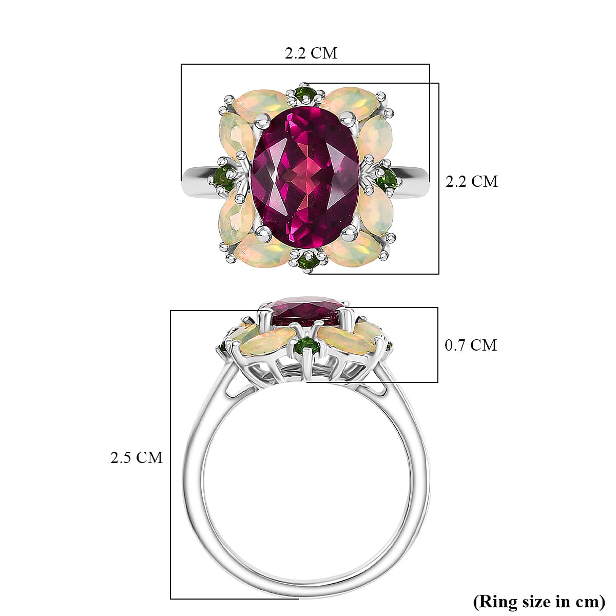 Rhodolite Garnet ,  Natural Chrome Diopside ,  Ethiopian Opal  Main Stone With Side Stone Ring in Rhodium Overlay Sterling Silver 4.38 ct  4.042  Ct.