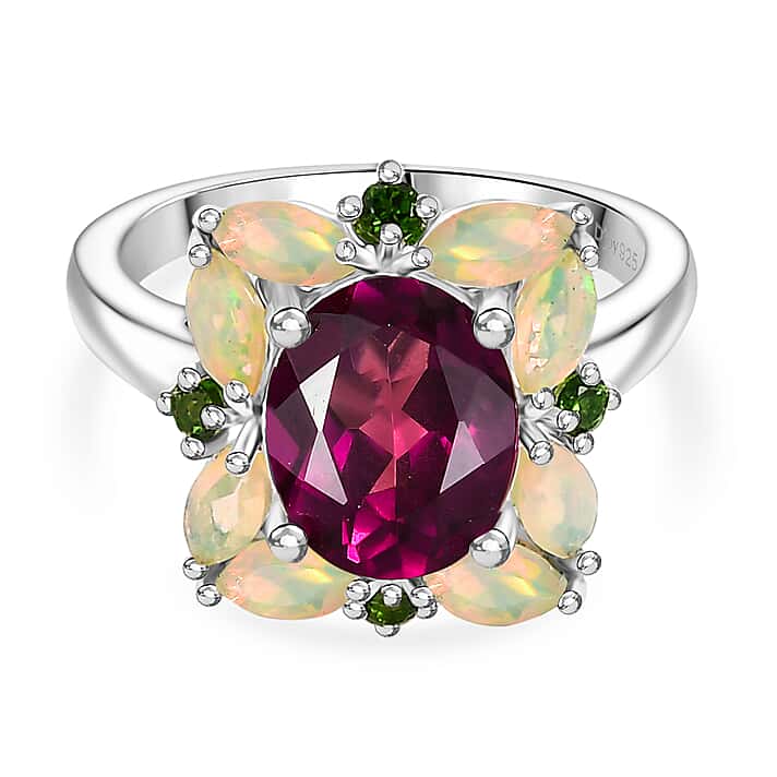 Rhodolite Garnet , Natural Chrome Diopside , Ethiopian Opal Main Stone With Side Stone Ring in Rhodium Overlay Sterling Silver 4.38 ct 4.042 Ct.