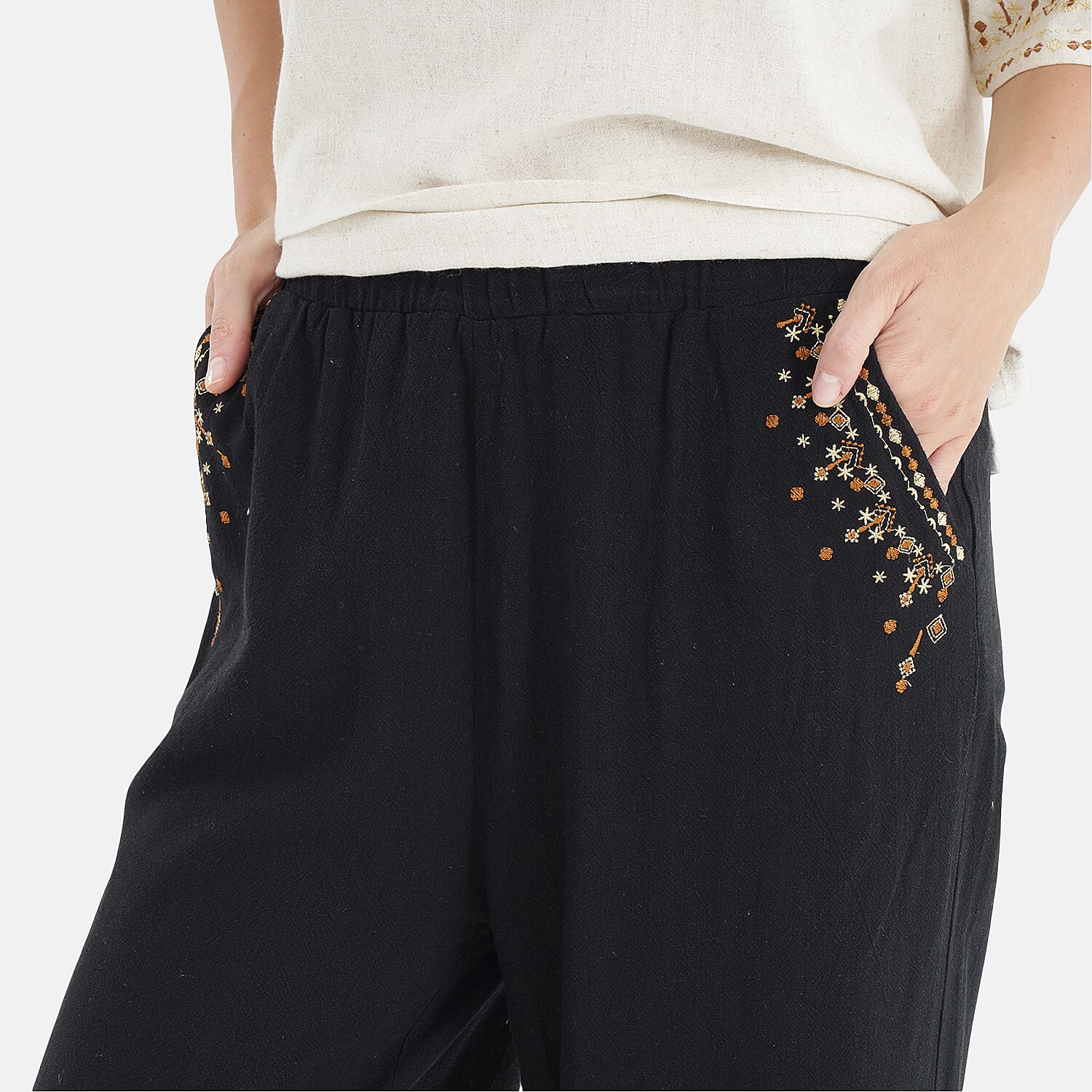 LA MAREY Linen Blend Womens Embroidered Details Relaxed Fit Trousers 