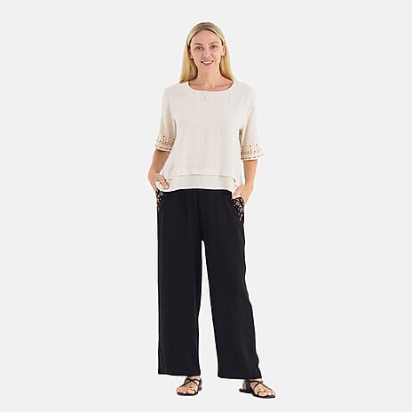 LA MAREY Linen Blend Womens Embroidered Details Relaxed Fit Trousers (Size L) - Black