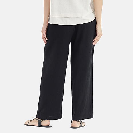 LA MAREY Linen Blend Womens Embroidered Details Relaxed Fit Trousers (Size XL) - Black