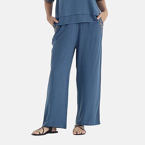 La Marey Embroidered Wide-Leg Trousers (Size 12 To 14) - Blue