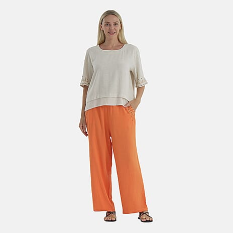 - MAISI Womens Linen Blend Embroidered Wide Leg Trousers (Size L) - Orange