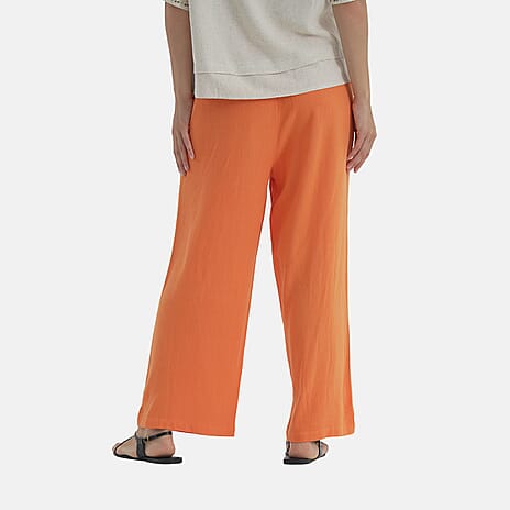 - MAISI Womens Linen Blend Embroidered Wide Leg Trousers (Size L) - Orange