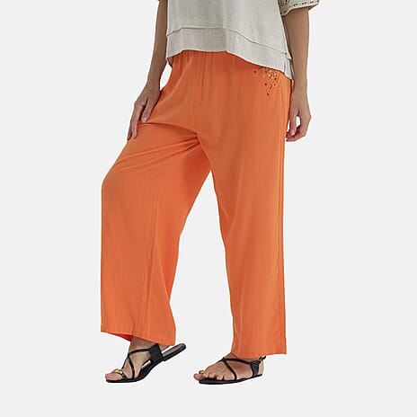 - MAISI Womens Linen Blend Embroidered Wide Leg Trousers (Size L) - Orange
