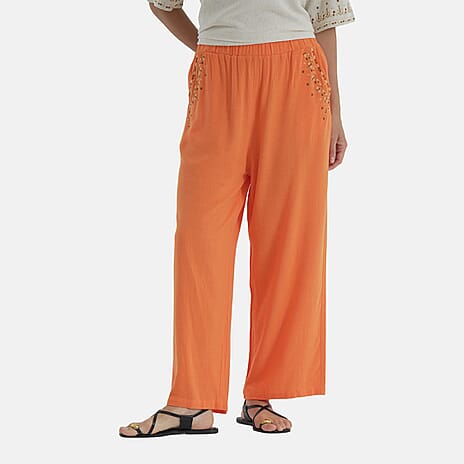 - MAISI Womens Linen Blend Embroidered Wide Leg Trousers (Size L) - Orange