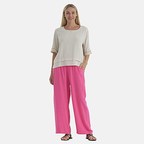 LA MAREY Linen Blend Womens Embroidered Details Relaxed Fit Trousers (Size XL) - Pink