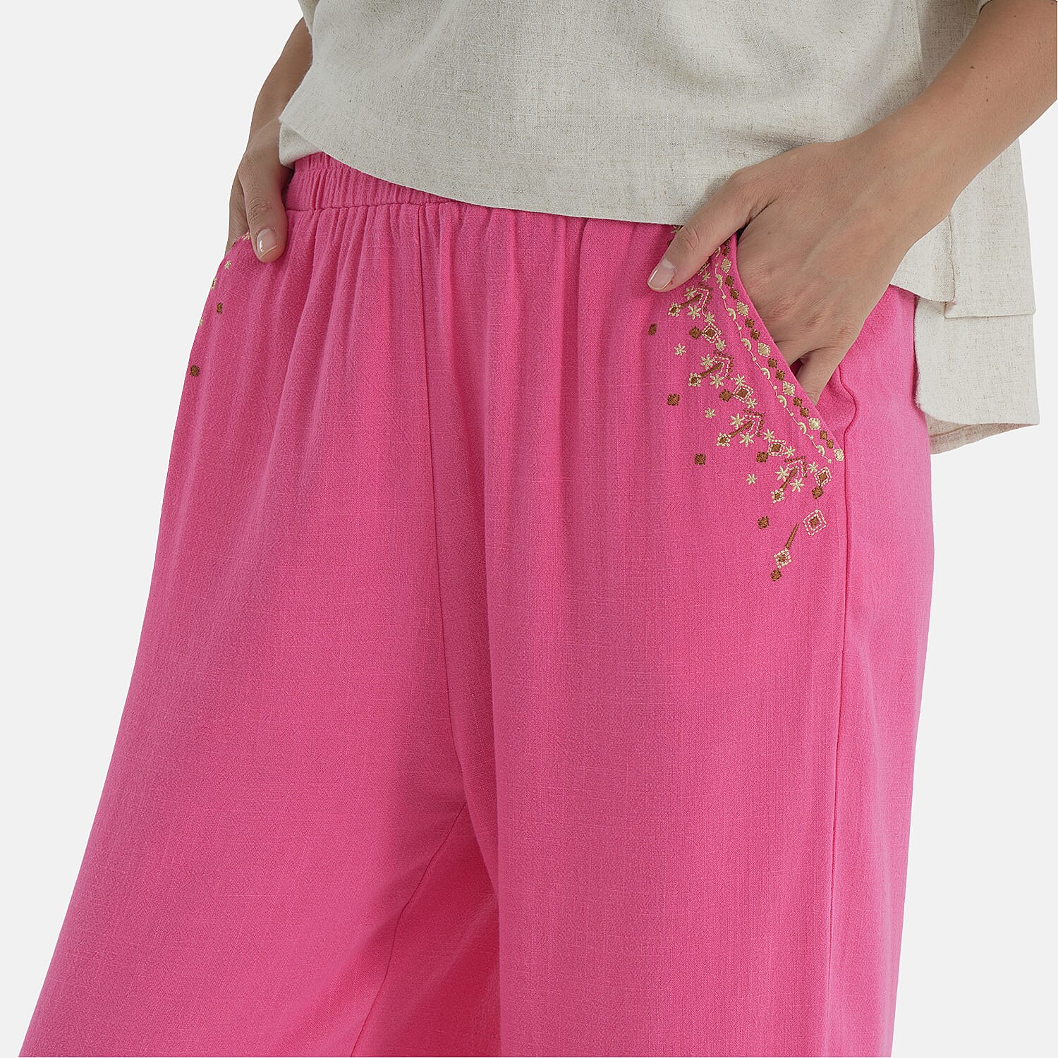LA MAREY Linen Blend Womens Embroidered Details Relaxed Fit Trousers (Size XXL) - Pink