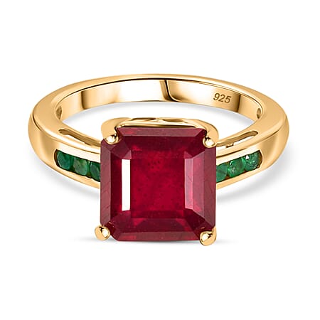 African Ruby & Zambian Emerald Solitaire Ring in 18K Vermeil Yellow Gold Plated Sterling Silver 8.14 Ct.