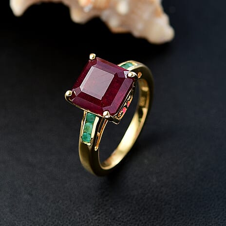 African Ruby & Zambian Emerald Solitaire Ring in 18K Vermeil Yellow Gold Plated Sterling Silver 8.14 Ct.