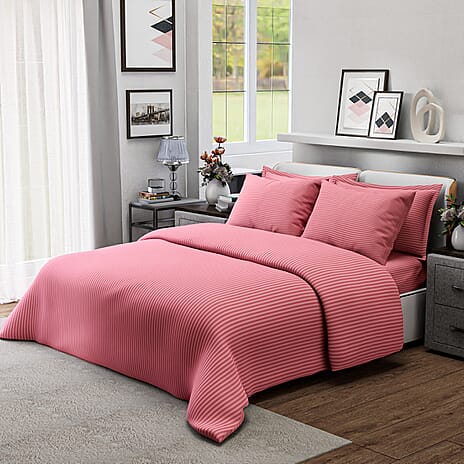 6 Piece Striped Cotton Duvet Cover Set - Includes 4 Pillowcases, 1 Fitted Sheet - 1 Duet Cover - Pink Double