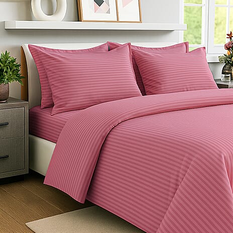 6 Piece Striped Cotton Duvet Cover Set - Includes 4 Pillowcases, 1 Fitted Sheet - 1 Duet Cover - Pink Double