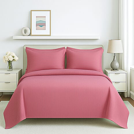 6 Piece Striped Cotton Duvet Cover Set - Includes 4 Pillowcases, 1 Fitted Sheet - 1 Duet Cover - Pink Double